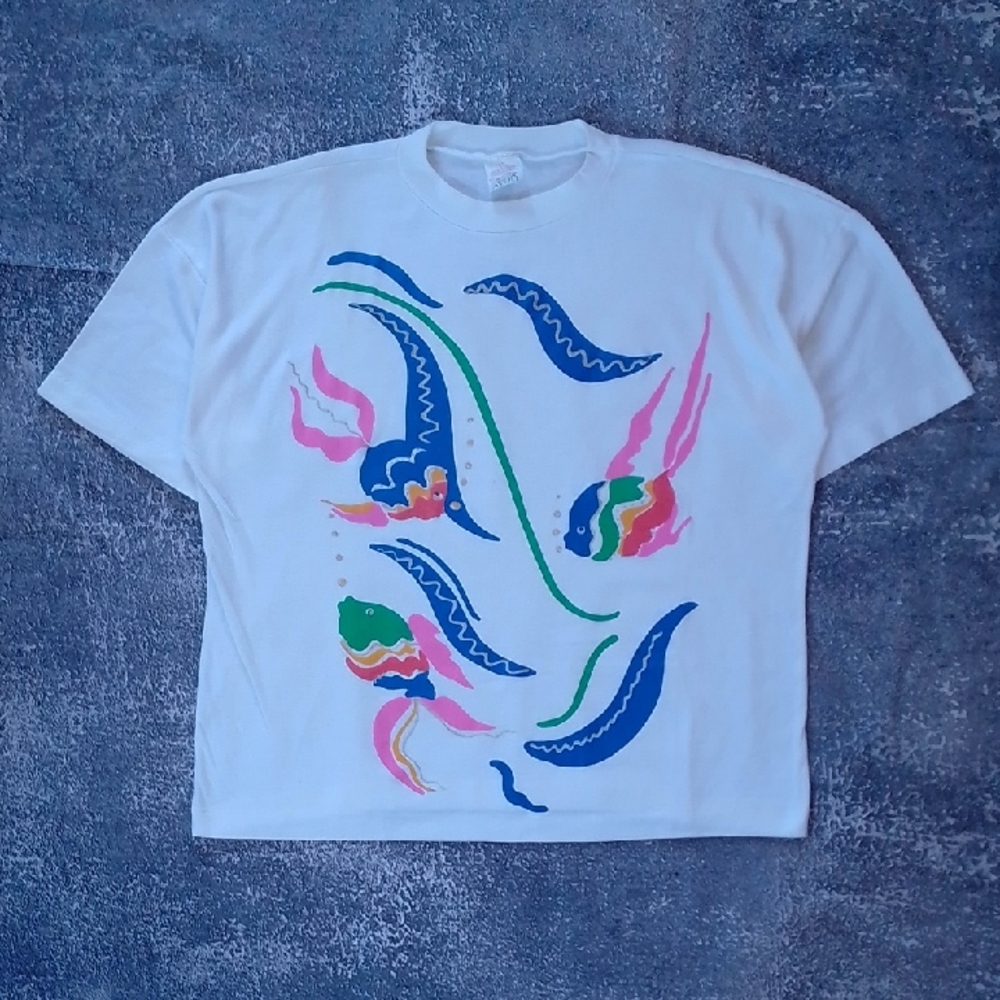 Vintage 90s AVON Swimming COLOURFUL FISH SINGLE STITCH T-SHIRT - Picture 1 of 10